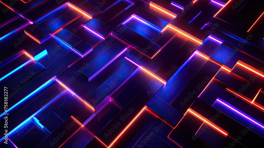 Poster geometric background with neon rectangles and parallel lines