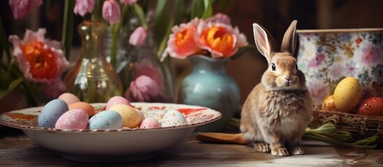 A rabbit is standing beside a bowl of Easter eggs on a wooden table, surrounded by flowers and plants at a festive event