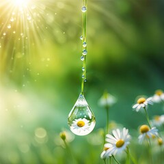 Large water droplet acts as a lens, beautifully refracting an image of a daisy with a string of other droplet haning on a green stem