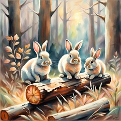 Three cute rabbits are sitting atop a fallen log in a sun-dappled forest setting surrounded by tall trees and autumn leaves