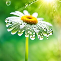 A close-up of a white daisy is adorned with water droplets, shimmering as they catch the light against a bright green background. Sun rays filter through adding a warm glow