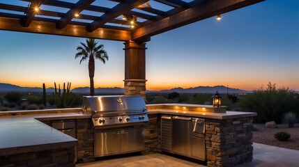 Outdoor kitchen at dusk