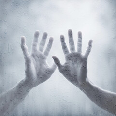 Pair of hands pressed against wet glass with steamy texture