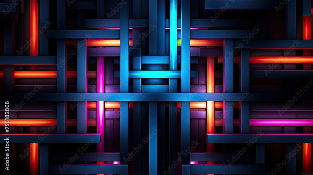 Poster geometric patterns with neon cascades and cross lines