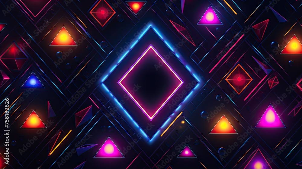 Poster geometric patterns with neon pyramids and ellipses