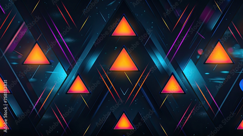 Poster geometric patterns with neon pyramids and ellipses