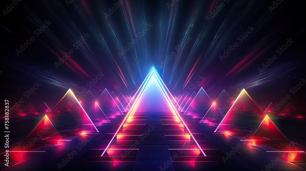 Aufkleber geometric patterns with neon pyramids and rays of light