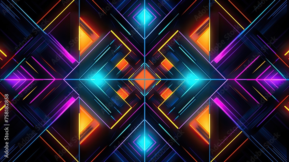 Poster geometric patterns with neon cascades and cross lines