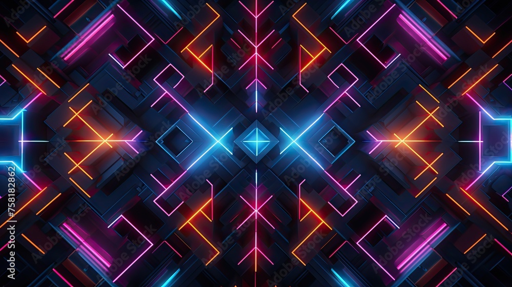 Poster geometric patterns with neon cascades and cross lines