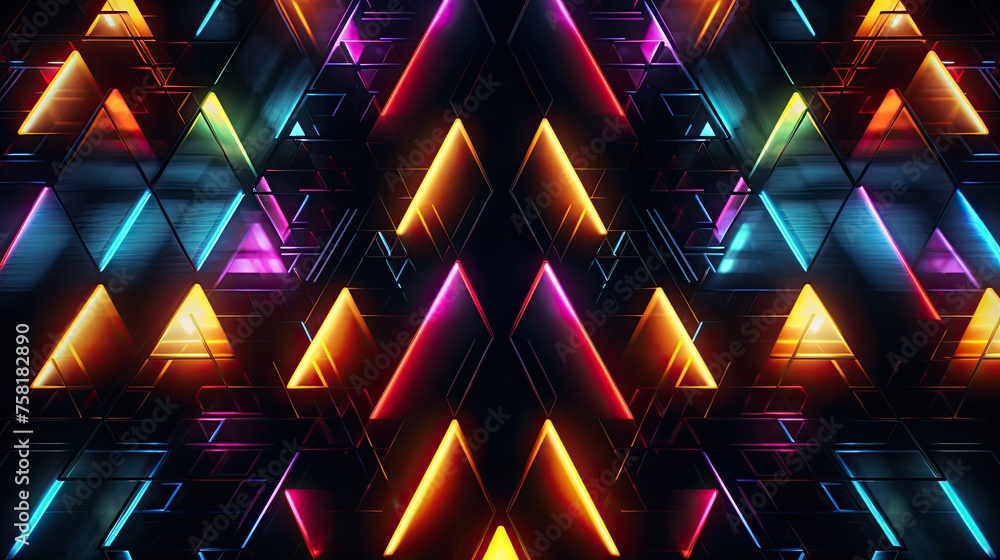 Poster geometric patterns with neon pyramids and ellipses
