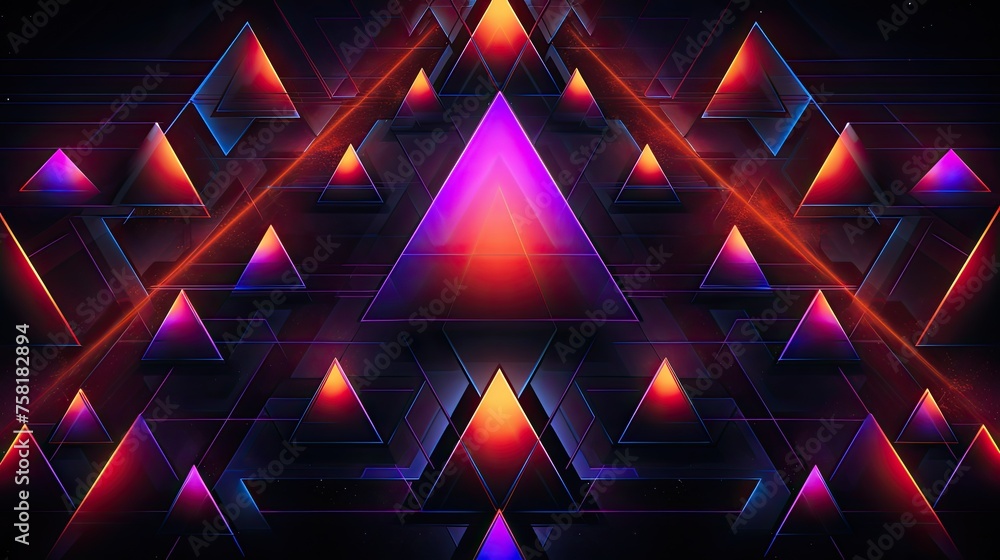 Poster geometric patterns with neon pyramids and ellipses