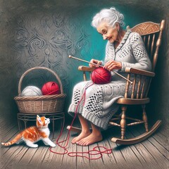 An elderly woman sits comfortably in a wooden rocking chair, actively knitting with a vibrant red yarn. A curious orange and white kitten plays with the end of the yarn beside a basket  
