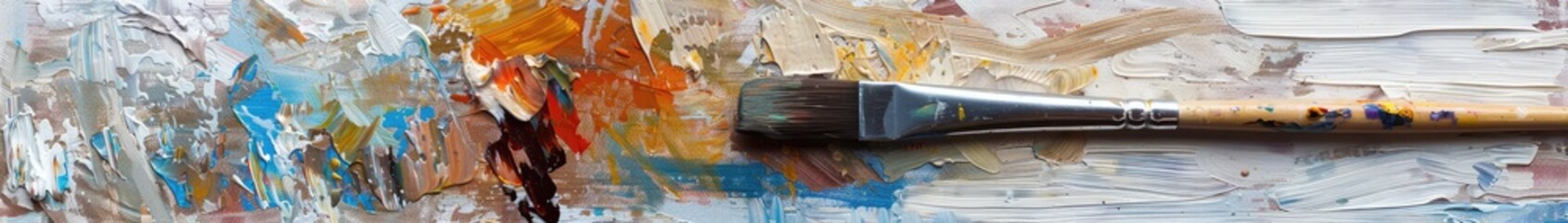 The artist paints a picture with oil paints on canvas. The artist's brush is dirty with paint. Close-up.
