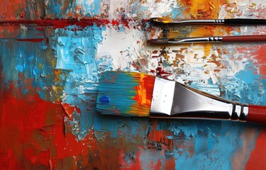  Paintbrush on a colorful abstract background. Close-up.