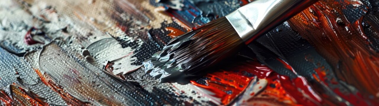 The artist paints a picture with oil paints on canvas. The artist's brush is dirty with paint. Close-up.