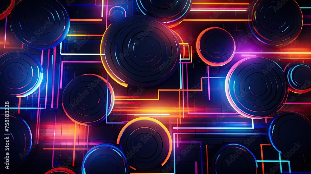 Poster neon lines and circles forming an abstract geometric pattern