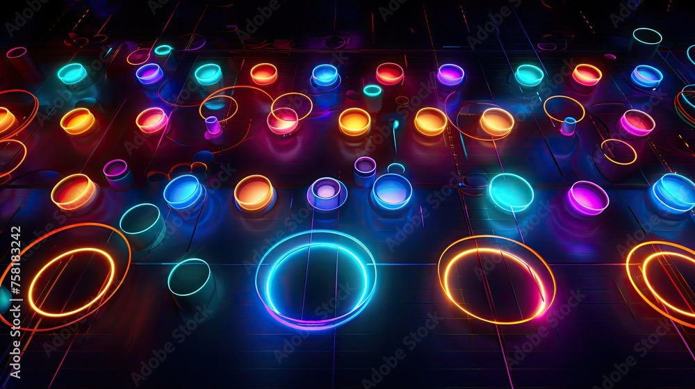 Poster neon lines and circles forming an abstract geometric pattern