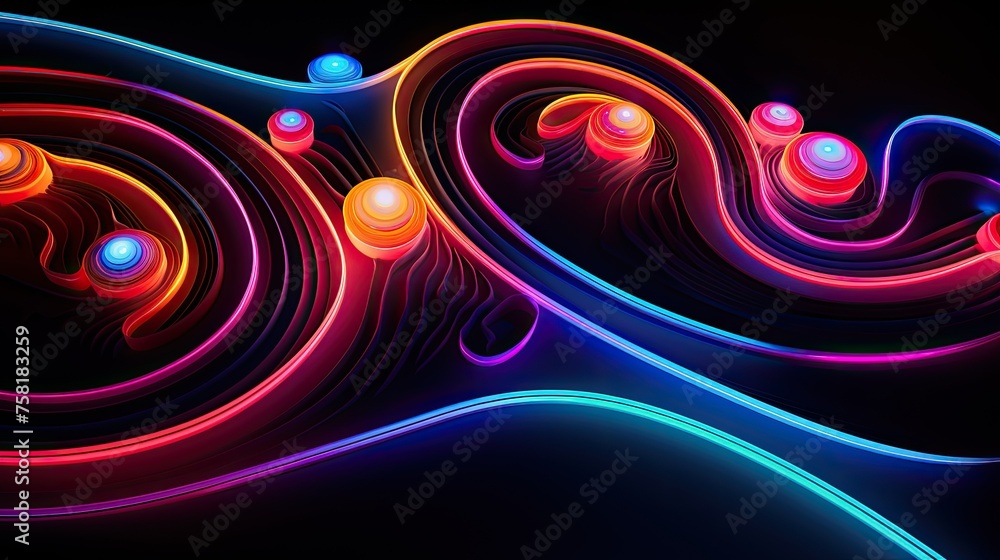 Poster neon lines in the form of spirals and swirls