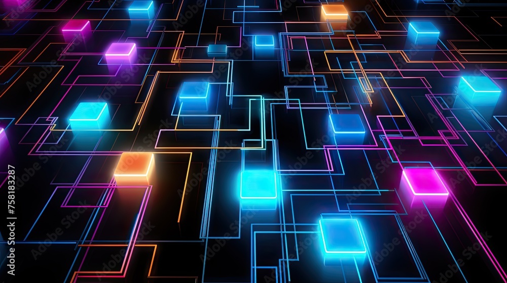 Poster neon patterns in the form of squares and lines in a high tech style