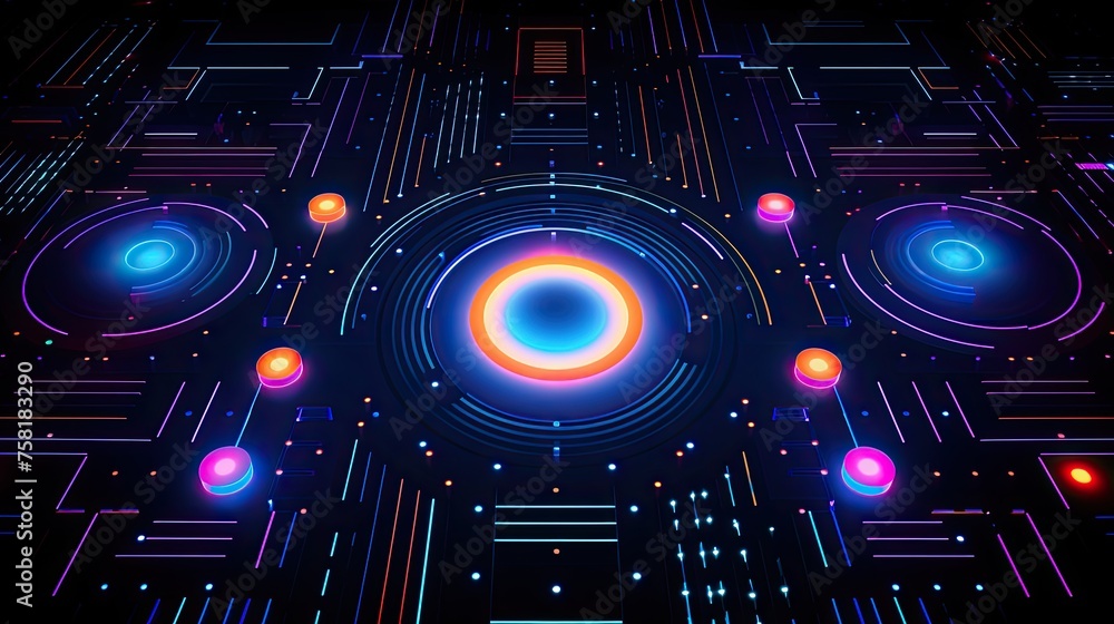 Poster neon lines and circles forming an abstract geometric pattern