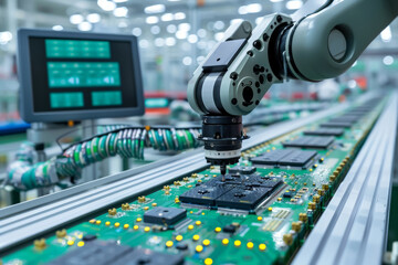 Automated robotic arm manufacturing circuit boards in a high-tech factory setting. - obrazy, fototapety, plakaty