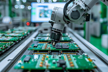 Industrial robot arms precisely assembling circuit boards in modern electronics manufacturing.