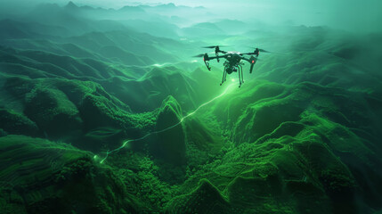 Drone flying over a lush rainforest with glowing lights, depicting environmental monitoring technology.