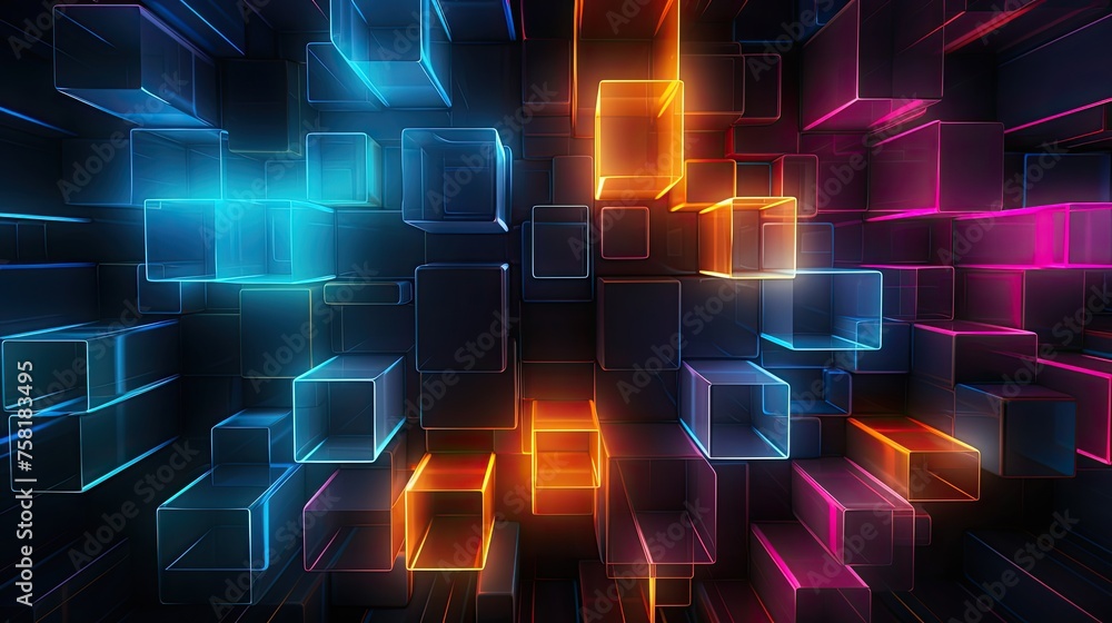 Wall mural neon squares and lines in a digital art style