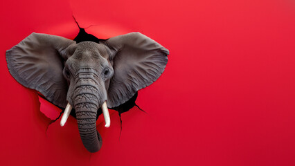 Captivating image of an elephant coming through a cracked red surface, symbolizing bold transformation - 758183402