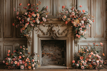 Fototapeta na wymiar Floral Digital Backdrops, fireplace maternity backdrops digital, studio backdrop overlay, floral background overlay