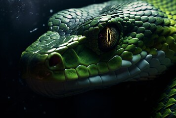 A closeup of the head and body of a green snake