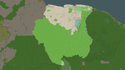 Suriname highlighted. OSM Topographic French style map