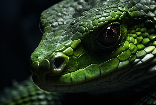 A closeup of the head and body of a green snake