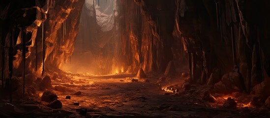 A natural landscape of a dark cave filled with fiery trees, emitting heat and gas flames, creating a mysterious and magical forestlike environment