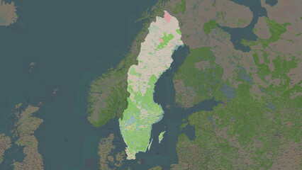 Sweden highlighted. OSM Topographic French style map