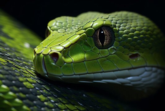 A closeup of the head and body of a green snake