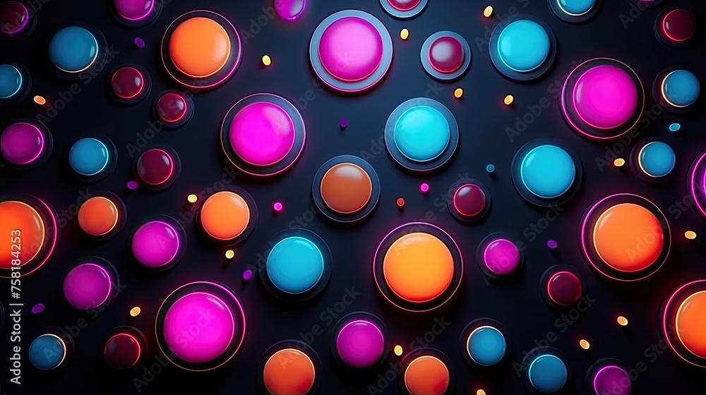 Poster geometric background with neon circles in ordered chaos