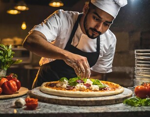 artisan pizza chef creates rustic pizza toppings in a dark kitchen, artistic, 