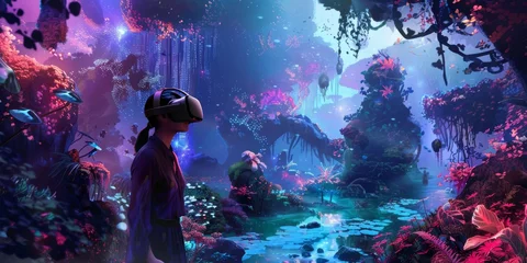 Rolgordijnen Woman, adorned with a VR headset, traversing through a lush, fantastical landscape, where the physical world ceases to exist, and the mind roams free. Digital Escapism concept © Kate Simon