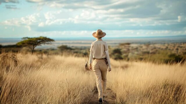 Hipster girl in safari hat standing on grassland and looking at beautiful landscape