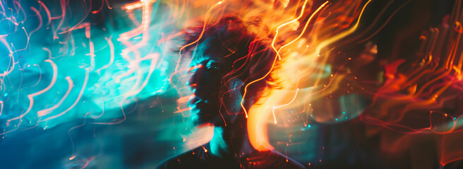 abstract colorful distortions around a person's head, representing sensory overload, with copy space - obrazy, fototapety, plakaty
