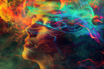 abstract colorful smoke floating around a woman's head, representing hallucinations  - obrazy, fototapety, plakaty