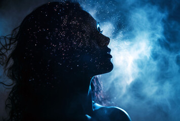 woman with closed eyes in a blue room with smoke