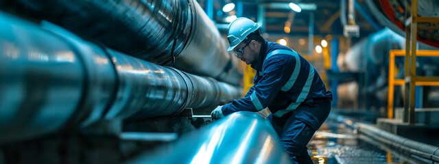 Male worker inspection at steel long pipes and pipe elbow - obrazy, fototapety, plakaty