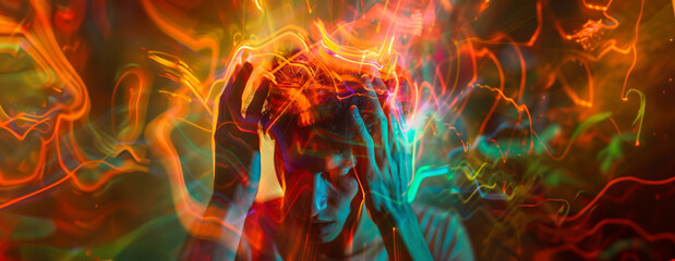 abstract colors and shapes floating around a man's head, representing sensory overload, with copy space - obrazy, fototapety, plakaty