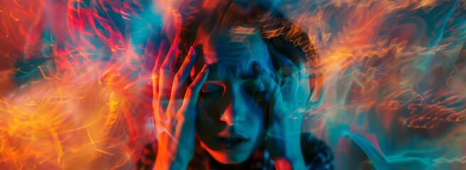 abstract colorful distortions around a person's head, representing sensory overload, with copy space - obrazy, fototapety, plakaty