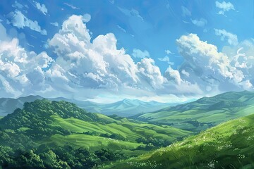 Fototapeta premium Landscape of green grass on slope with blue sky.