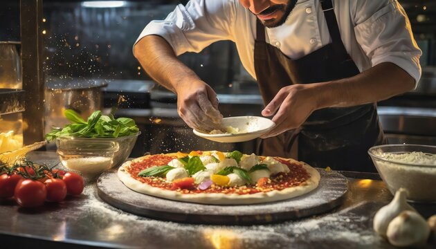 artisan pizza chef creates rustic pizza toppings in a dark kitchen, artistic, 
