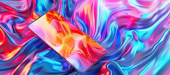 A modern smartphone merges with a bright neon, purple, green, orange metallic psychedelic optimistic texture.