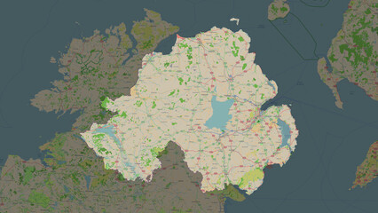 Northern Ireland highlighted. OSM Topographic French style map